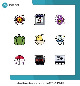 9 Colores planos de vectores temáticos y símbolos editables del bebé; pollo; romántico; las hortalizas; elementos de diseño de vectores editables para alimentos
