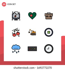 9 Thematic Vector Filledline Flat Colors and Editable Symbols of crane; cherry; country; berry; business Editable Vector Design Elements