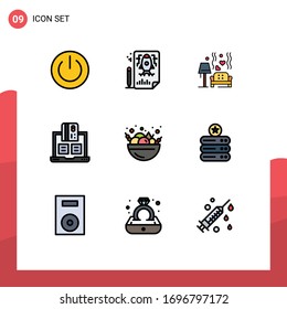 9 Thematic Vector Filledline Flat Colors and Editable Symbols of notebook; cash; file; banking; heart Editable Vector Design Elements