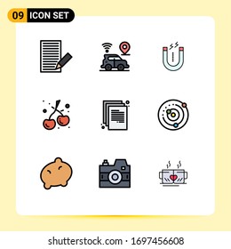 9 Thematic Vector Filledline Flat Colors and Editable Symbols of doc; food; technology; cherry; tool Editable Vector Design Elements
