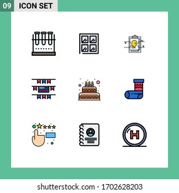 9 Thematic Vector Filledline Flat Colors and Editable Symbols of wedding; cake; report; american; buntings Editable Vector Design Elements
