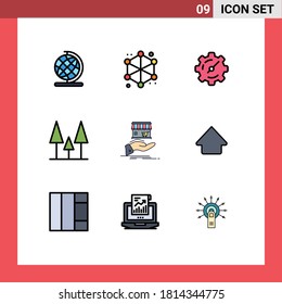 9 Thematic Vector Filledline Flat Colors and Editable Symbols of hand; shopping; setting; donate; trees Editable Vector Design Elements