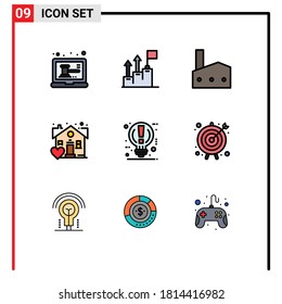 9 Thematic Vector Filledline Flat Colors and Editable Symbols of bulb; favorite; mission; estate; industry Editable Vector Design Elements