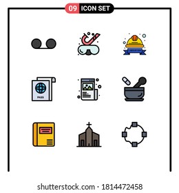 9 Thematic Vector Filledline Flat Colors and Editable Symbols of designing; art; hard; travel; document Editable Vector Design Elements