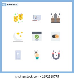 9 Thematic Vector Flat Colors and Editable Symbols of interface; night; mosque; moon; pray Editable Vector Design Elements