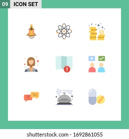 9 Flat Colors and Editable Symbols of map der thematischen Vektorillustration; Arbeitnehmer; Bargeld; Frau; Design-Elemente für weibliche Bearbeitbare Vektorillustrationen