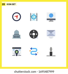 9 Colores planos vectoriales temáticos y símbolos editables de pincel; acápite de acción; medios de comunicación; usa; elementos de diseño de vectores editables de ciudad