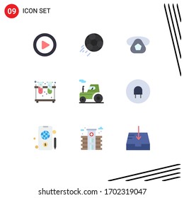 9 Thematic Vector Flat Colors and Editable Symbols of tractor; tubes; mobile; flask; chemistry Editable Vector Design Elements