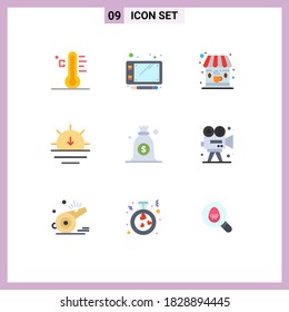 9 Thematic Vector Flat Colors and Editable Symbols of bag; dollar; cafe; weather; sun Editable Vector Design Elements