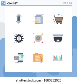 9 Thematic Vector Flat Colors and Editable Symbols of target; process; cart; money; cogs Editable Vector Design Elements
