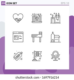 9 Thematic Vector Outlines and Editable Symbols of chair; development; candles; develop; code Editable Vector Design Elements
