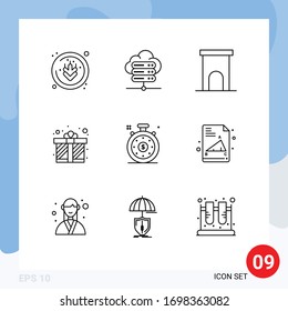 9 Líneas de vectores temáticos y símbolos editables del velocímetro; reloj; casa; amor; caja de regalo Elementos de diseño de vectores editables