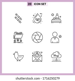 9 Thematic Vector Outlines and Editable Symbols of aperture; folder; body; files; backup Editable Vector Design Elements
