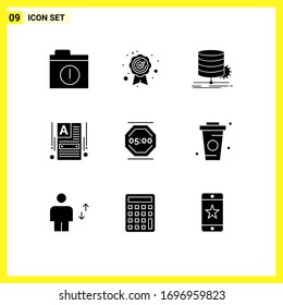 9 Thematic Vector Solid Glyphs and Editable Symbols of stop; stop work; data; web builder; making website Editable Vector Design Elements