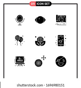 9 Thematic Vector Solid Glyphs and Editable Symbols of environment; earth day; house; american; bloons Editable Vector Design Elements