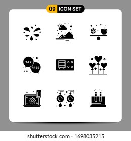 9 Thematic Vector Solid Glyphs and Editable Symbols of ticket; tax; diet; money; finance Editable Vector Design Elements