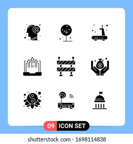 9 Thematic Vector Solid Glyphs and Editable Symbols of laptop; business; lotus flower; arrow; sports Editable Vector Design Elements