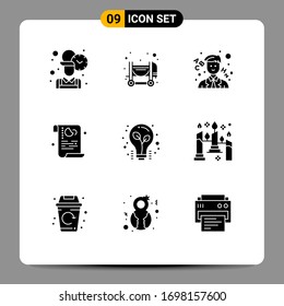 9 Thematic Vector Solid Glyphs and Editable Symbols of light bulb; bulb; school; security; policy Editable Vector Design Elements