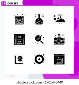 9 Thematic Vector Solid Glyphs and Editable Symbols of lollipop; multimedia; landscape; movie; film Editable Vector Design Elements