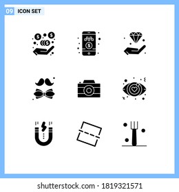 9 Thematic Vector Solid Glyphs and Editable Symbols of camera; father; hand; tie; bow Editable Vector Design Elements