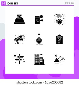 9 Thematic Vector Solid Glyphs and Editable Symbols of arcade; marketing; security; advertisement; cap Editable Vector Design Elements