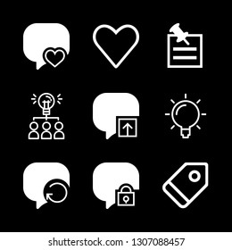 9 thinking icons with label outline and like heart outline symbol in this set