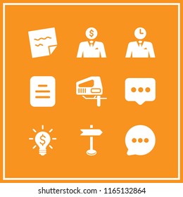 9 thinking vector icon set with money idea symbol of a lightbulb on, note, directional sign and businessman thinking about time icons for mobile and web