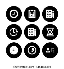 9 tick icons in vector set. list, checklist and clock illustration for web and graphic design