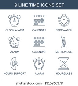 9 time icons. Trendy time icons white background. Included line icons such as clock alarm, calendar, stopwatch, alarm, metronome, hours support. time icon for web and mobile.
