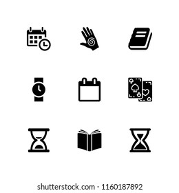 9 time icons in vector set. playing cards, watch, spiral and school illustration for web and graphic design