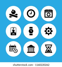 9 time icons in vector set. hobbies and free time, watch, daily calendar and history illustration for web and graphic design