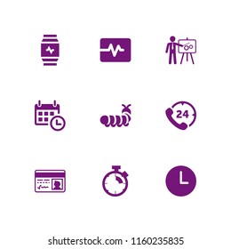 9 time icons in vector set. hobbies and free time, project, fitness watch and heart rate monitor illustration for web and graphic design