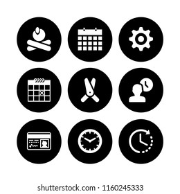 9 time icons in vector set. cog, calendar, wall clock and pass illustration for web and graphic design