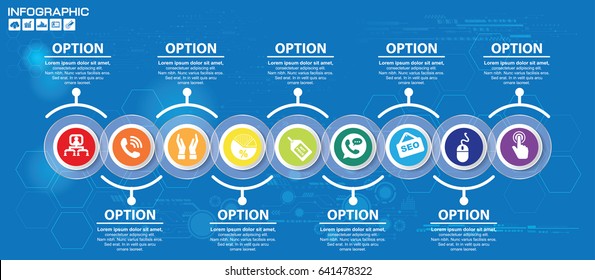 9 Timeline infographics template with circle, flowchart, workflow or process infographics, vector eps10 illustration