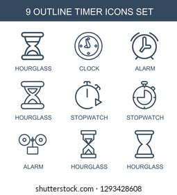 9 timer icons. Trendy timer icons white background. Included outline icons such as hourglass, clock, alarm, stopwatch. timer icon for web and mobile.