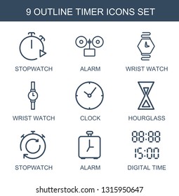 9 timer icons. Trendy timer icons white background. Included outline icons such as stopwatch, alarm, wrist watch, clock, hourglass, digital time. timer icon for web and mobile.