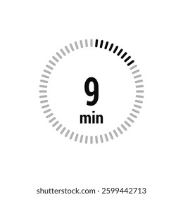 9 timer minutes symbol icon vector black style isolated on white background. Clock, stopwatch, sport icon