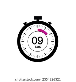 9 timer seconds symbol, 9 sec timer clock icon flat design isolated on white background.