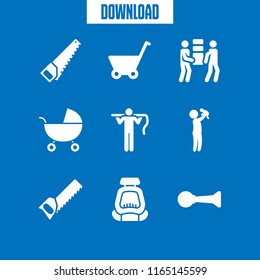 9 toddler vector icon set with person with baby, baby carriage, carrier and klaxon icons for mobile and web