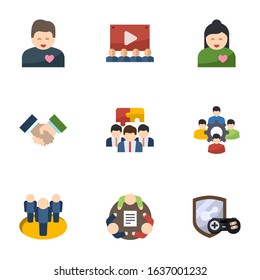 9 together flat icons set isolated on white background. Icons set with girlfriend, Audience, boyfriend, Partnership, Team building, colleague, team, teamwork, game clan icons.