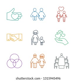 9 together icons. Trendy together icons white background. Included line icons such as meeting, couple, circle intersection, hand holding heart. together icon for web and mobile.