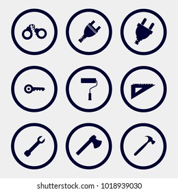 9 tool icons set. ruler, key, axe, hummer 
