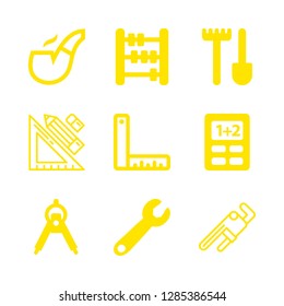 9 tools icons with abacus calculating tool for maths and calculator educational tool in this set