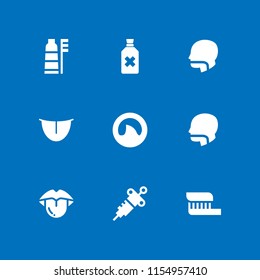 9 tooth icons in vector set. mouth, toothbrush, bleach and shark fin illustration for web and graphic design