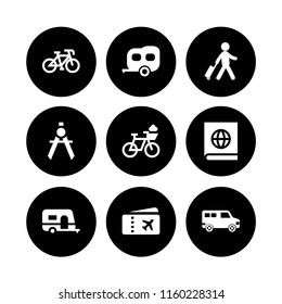 9 tour icons in vector set. compass, traveler with a suitcase, map and minibus illustration for web and graphic design