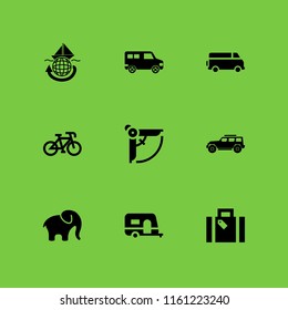 9 tour icons in vector set. holiday suitcase, minibus, tourism and caravan illustration for web and graphic design