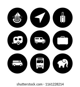 9 tour icons in vector set. minibus, caravan, navigation and suitcase with wheels illustration for web and graphic design