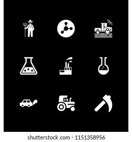 9 toxic icons in vector set. industrial building with contaminants, flask, beaker and pesticide illustration for web and graphic design