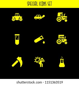 9 toxic icons in vector set. flask, contamination, explosion and tractor illustration for web and graphic design