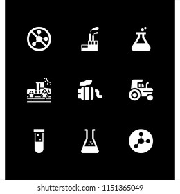 9 toxic icons in vector set. industrial building with contaminants, tailpipe, test tube and pesticide illustration for web and graphic design